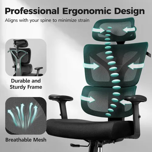 Vista 6 de Silla de Oficina Ergonómica de Respaldo Alto Silla de Escritorio con Soporte Lumbar, Silla de Computadora de Malla Transpirable con Reposabrazos