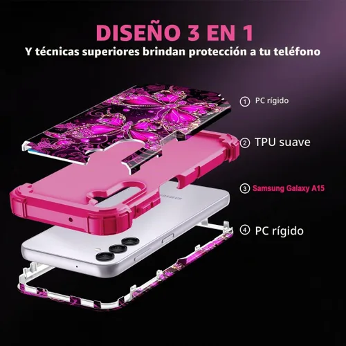 Vista 4 de Casetego Funda compatible con Galaxy A15 5G, que brilla en la oscuridad, tres capas, resistente, resistente, a prueba de golpes, protección de Rosa