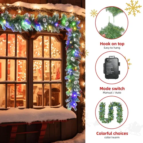 Vista 5 de Guirnalda de Navidad de 9 pies con luces - Guirnalda de Navidad iluminada con 50 luces LED alimentadas por batería, 8 modos de iluminación
