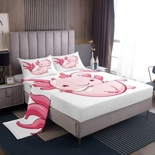 Vista 17 de Erosebridal Axolotl - Juego de ropa de cama tamaño individual, sábanas de ajolote de dibujos animados para mascotas, juego de sábanas