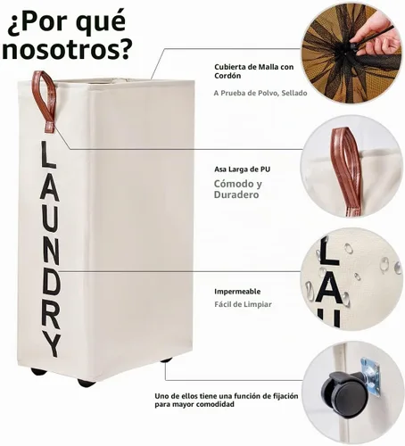 Vista 4 de Cesta de Ropa Sucia Rodante Grande de 70L - Cesta Alta y Estrecha con Ruedas, Contenedor Delgado para Ropa, 27.5" Beige Beige/Large