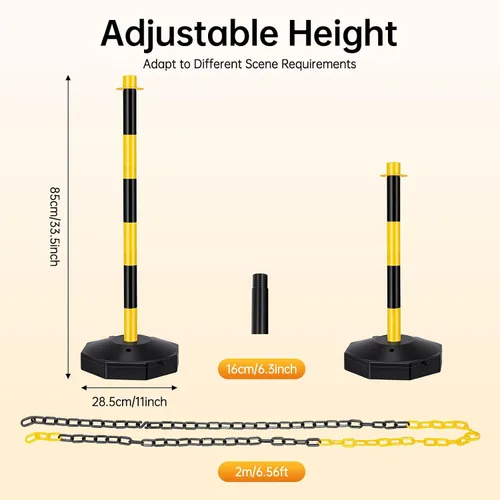 Vista 3 de 6 piezas de conos de tráfico con base rellenable de polietileno amarillo, poste de estacionamiento portátil con cadenas de 6.6 pulgadas, conos