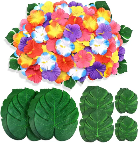 Vista 11 de 126 piezas de suministros para decoraciones de fiesta Luau, hojas de palma tropicales, flores de hibisco, hojas artificiales simuladas para fiestas