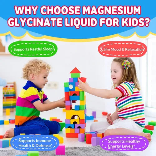 Vista 5 de Gotas líquidas de glicinato de magnesio para niños, con L-teanina, omega-3, vitaminas B6 y D3, zinc y calcio, para apoyo al sueño, relajación