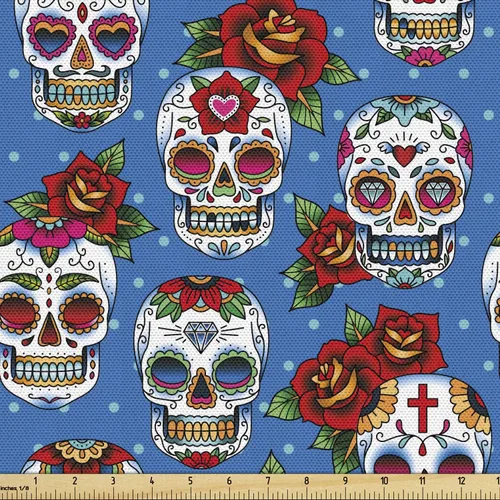 Vista 77 de Ambesonne The Yard, tela de calavera colorida con temática de Halloween, diseño de calavera y huesos cruzados, divertido estampado de dibujos