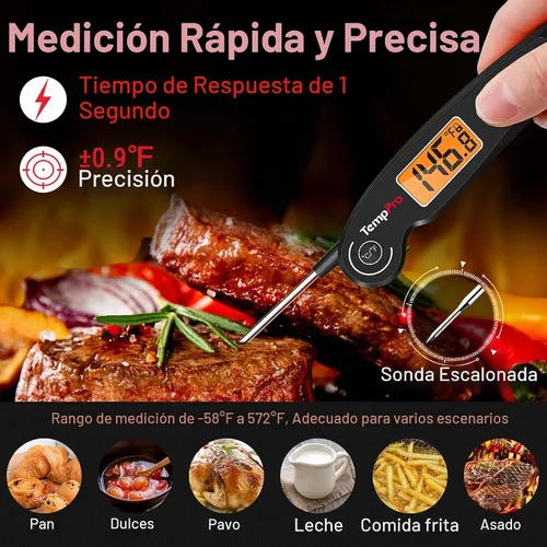Vista 2 de ThermoPro TP605 Termómetro Digital de Lectura Instantánea para Carne para Cocinar, Termómetro de Alimentos Impermeable con Retroiluminación y Negro