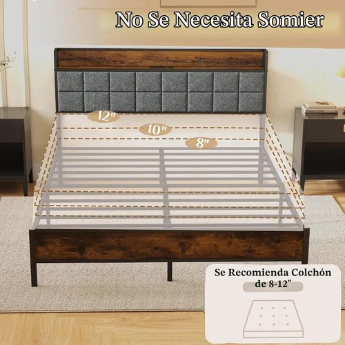 Vista 5 de Base de cama tamaño Queen con cabecera y toma de corriente tapizada para respaldo, no requiere somier, fácil de montar, sin ruido