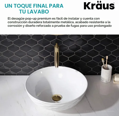 Vista 3 de KRAUS Desagüe emergente, se adapta a fregaderos con apertura de drenaje de 1.75 pulgadas, oro cepillado, PU-10BG
