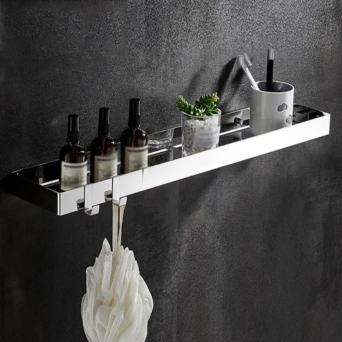 Vista 11 de Wallmounted Bathroom Shelf Floating Organizer with Hooks for Toiletries & Cosmetics 2Tier Black Rectangular Storage Rack for Shower & Kitchen