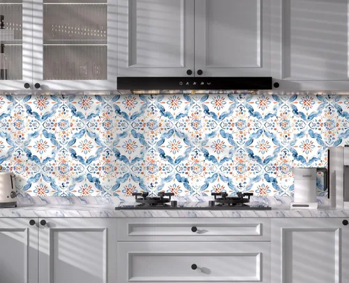 Vista 2 de HAOKHOME Papel tapiz geométrico para despegar y pegar, diseño de damasco floral azul/blanco/rojo, papel de pared extraíble, decoración moderna