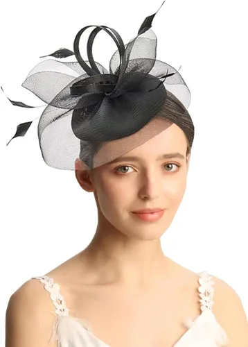 Vista 2 de Sombrero de tocadores para mujer, diadema de fiesta de té, boda, cóctel, flores de malla, clip para el cabello