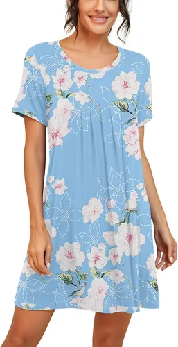 Vista 3 de PrinStory - Camisón de manga corta para mujer con plisado y cuello redondo