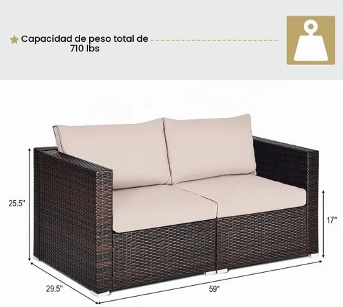 Vista 3 de Tangkula Sofá biplaza de mimbre de 2 piezas, muebles de patio con cojines extraíbles, sofá biplaza de ratán para balcón, terraza, jardín y piscina