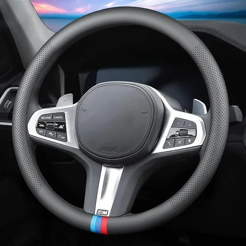 Vista 28 de Funda de cuero para volante de automóvil, material Panapi, universal de 14.5-15 pulgadas, antideslizante, transpirable, fundas para volante