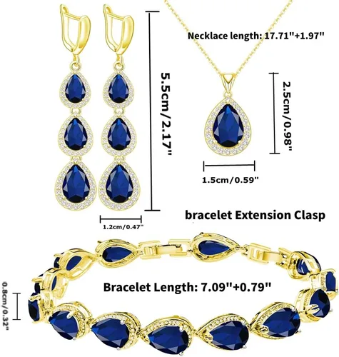 Vista 6 de LMXXVJ Juego de collar y aretes largos, chapados en oro blanco, juego de joyas de zafiro azul creado, joyería de regalo para boda, fiesta, joyería