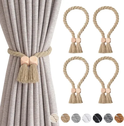Vista 77 de NICEEC 2 Pack de Alzapaños Magnéticos de Madera en Forma de Cubo Boho para Decoración del Hogar, Alzapaños de Lino Tejidos a Mano para Cortinas Beige