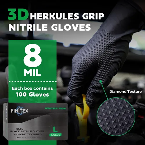 Vista 5 de FINITEX Industrial Diamond Texture Nitrile Black Glove - 100/1000PCS Chemical Resistant 8mil Mechanic Disposable Gloves