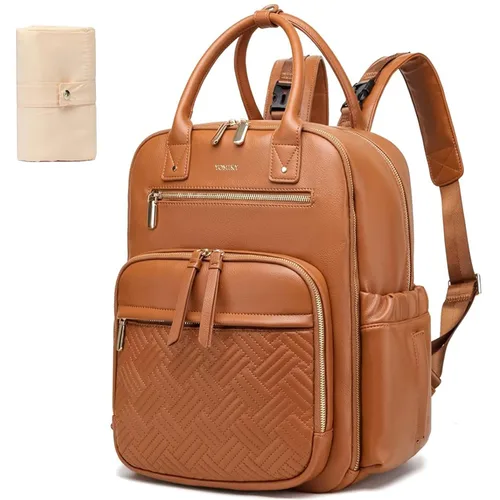 Vista 9 de Mochila de cuero para pañales para mujer con múltiples bolsillos, compartimento para laptop y cambiador.