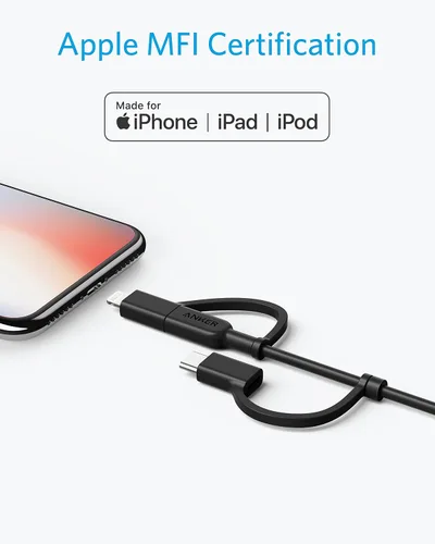 Vista 4 de Cable Anker Powerline II 3 en 1, cable Lightning/Type C/Micro USB para iPhone, iPad, Huawei, HTC, LG, Samsung Galaxy, Sony Xperia, smartphones Negro