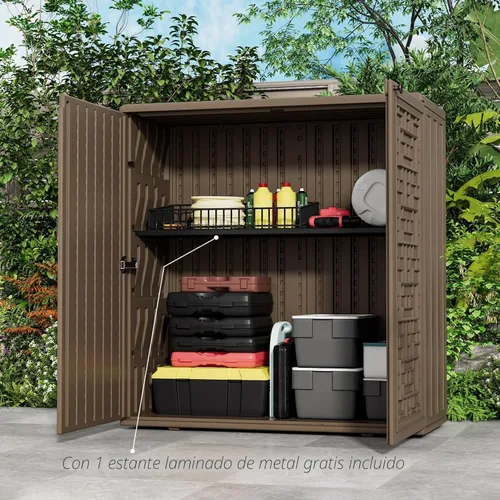 Vista 2 de HOMSPARK Armario de almacenamiento para interiores y exteriores con puertas y estante, caja de almacenamiento de plástico HDPE de 34 x 16 x 36 Marrón