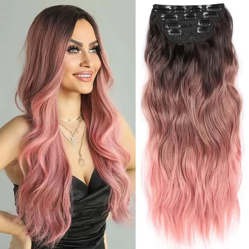 Vista 20 de 4 piezas de extensiones de cabello rizado con clip, color dorado oscuro, mezcla de rubio beige, sintético de 20 pulgadas de largo, extensiones