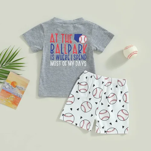 Vista 3 de Conjunto de 2 piezas de camiseta y pantalones cortos de béisbol con estampado de letras para bebé niño