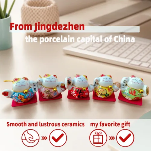 Vista 5 de Estatua de Gato de la Suerte, Conjunto de Figurillas de Cerámica China, 5 Gatos Mini de la Fortuna, Conjunto de Decoración, Pequeño Adorno