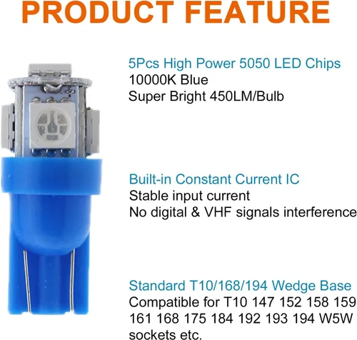 Vista 5 de Bombillas LED T10 azules para salpicadero, panel de instrumentos, calibre 2825 194 W5W, lámpara interior de automóvil con enchufes de bloqueo