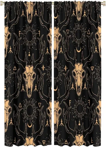 Vista 29 de BAEKJIN Cortinas de cabeza de cabra, diseño de calavera malvada, bruja, símbolo misterioso, bolsillo para barra, cortinas opacas para ventana, juego