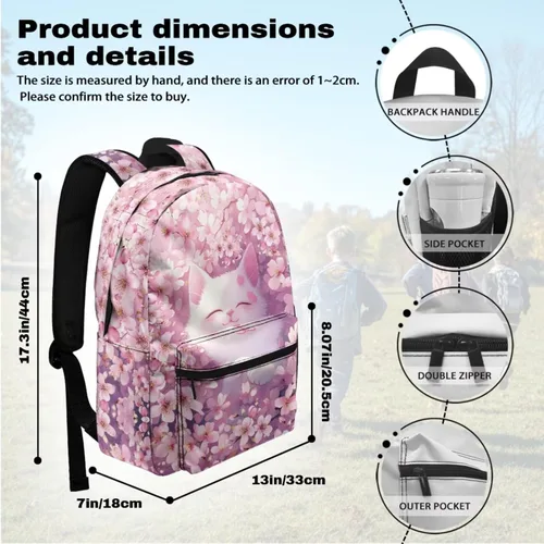 Vista 3 de Talayituse Paquete de 5 mochilas con estampado de flor de cerezo de gato, para niñas, mochila escolar informal con lonchera, estuche para lápices