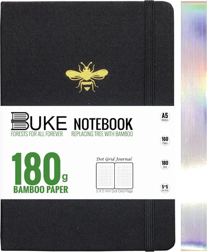 Vista 11 de BUKE Cuaderno de cuadrícula de puntos, papel blanco de bambú de 6.35 oz/m², 5 puntos de 0.197 x 0.197 in, 160 páginas, encuadernación plana, bordes
