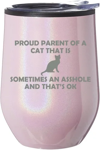 Vista 5 de Vaso de vino sin tallo, taza de viaje de café con tapa, regalo orgulloso para padres y gatos divertidos (purpurina azul)