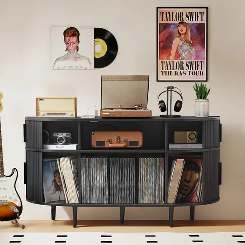 Vista 14 de Soporte para tocadiscos de 45.3 pulgadas con almacenamiento de vinilo, mesa giratoria de madera con capacidad para hasta 350 álbumes, moderno