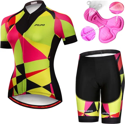 Vista 138 de Camiseta de ciclismo para mujer, manga corta y pantalones cortos de ciclismo acolchados para verano