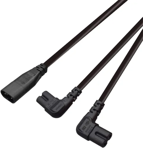 Vista 3 de Cable de alimentación IEC 320 C8 a C7 dual figura 8 macho a doble ángulo recto hembra adaptador 1 en 2 salidas CA, cable de alimentación IEC 320 C8