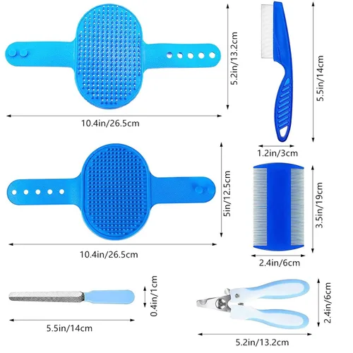 Vista 4 de 7 in 1 Small Pet Grooming Kit Dog Cat Rabbit Bath Brush Set with Bath Gloves Nail Clipper File and Flea Combs for Shedding and Cleaning