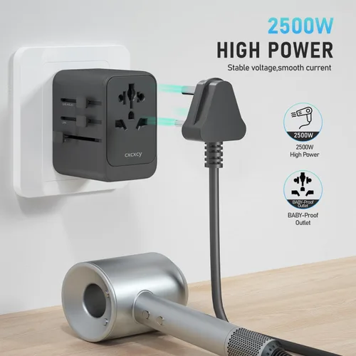 Vista 5 de Adaptador de viaje universal GaN de 45 W Adaptador de corriente internacional de 5 puertos con 2 USB-C PD 3.0, 2 USB-A QC 3.0 y salida de CA