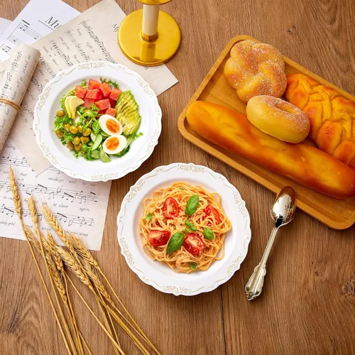 Vista 5 de N9R 30 cuencos de sopa desechables con relieve dorado, cuencos de plástico de 12 onzas para vacaciones, fiestas, bodas, catering y uso diario