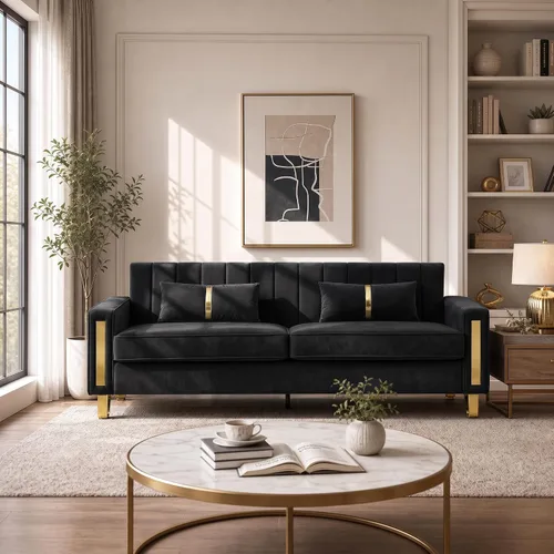 Vista 8 de Sofá de dos plazas para sala de estar, sofá de terciopelo beige de 86 pulgadas con 2 almohadas y patas de metal dorado, sofá tapizado moderno sofá