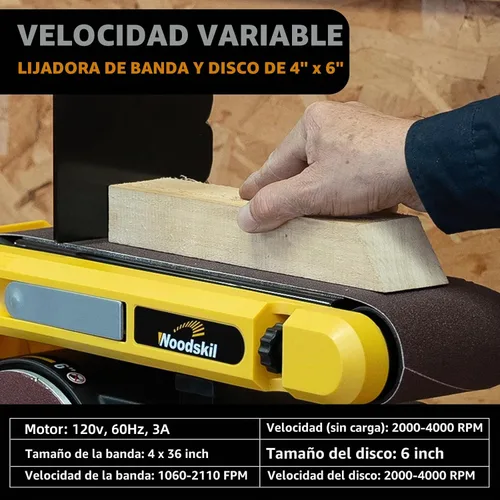 Vista 2 de Woodskil Lijadora de disco de banda de velocidad variable, correa de 4 x 36 pulgadas y disco de 6 pulgadas 3A Máquina combinada de lijadora