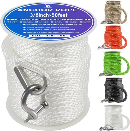 Vista 24 de Cuerda de anclaje premium de 50 pies x 1/2 pulgadas, línea de anclaje trenzada sólida MFP para barco con dedal y grillete - Negro