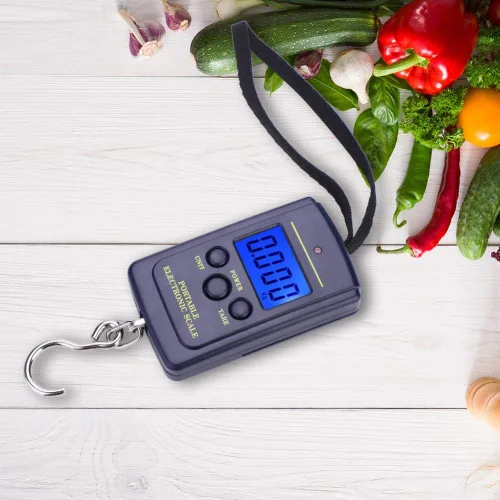 Vista 4 de Báscula de pesca, balanza electrónica portátil digital con pantalla LCD, diseño de gancho colgante para medir peso precisa