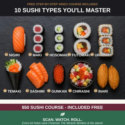Vista 9 de Kit de fabricación de sushi de mono albino con bazuca, tapete de bambú y curso de sushi gratis Cuchillo Pro Sashimi, molde Nigiri y 5 pares