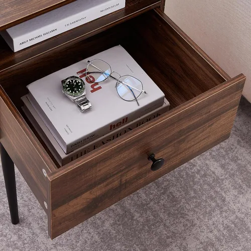 Vista 8 de VECELO Juego de 2 mesitas de noche modernas, mesa auxiliar cuadrada con cajón y espacio de almacenamiento para dormitorio y sala de estar