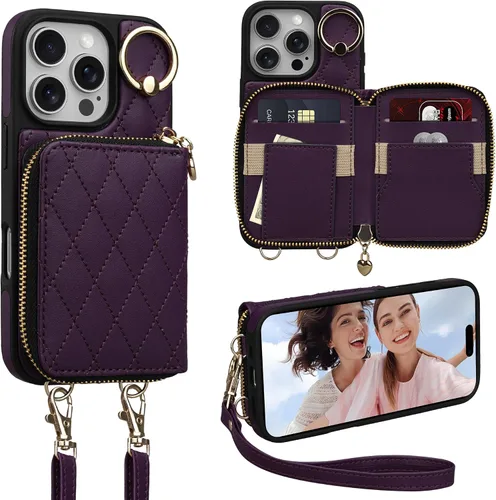Vista 54 de Funda para iPhone 12 Pro/iPhone 12 de 6.1 pulgadas, cartera cruzada con cremallera para mujer, tarjetero con bloqueo RFID, funda de cuero con Negro