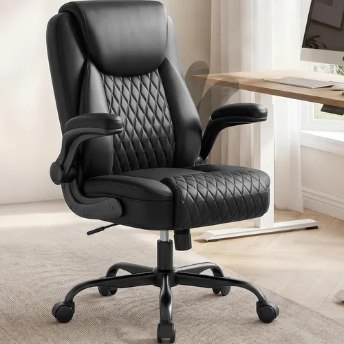 Vista 11 de COMHOMA Silla de oficina con respaldo medio, silla de escritorio ergonómica de poliuretano con brazos abatibles, juegos de computadora pequeños