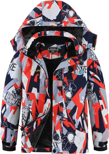 Vista 12 de Chaquetas de esquí para niños, impermeable, abrigo de invierno con forro polar, resistente al viento, chaqueta de snowboard con capucha desmontable
