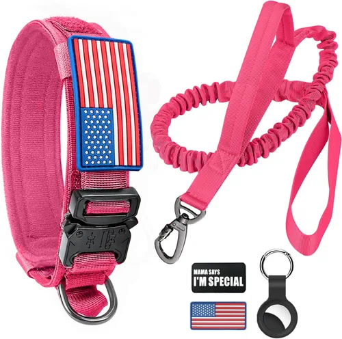 Vista 10 de Collar táctico para perro y correa elástica, juego de collar y correa militar para perro con bandera estadounidense de Estados Unidos, collar K9
