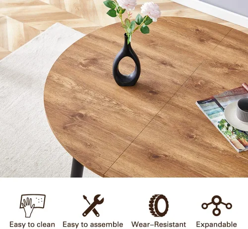 Vista 6 de FURNITO Juego de mesa de comedor de madera para 4, mesa extensible redonda a ovalada de 42 a 54 pulgadas con 4 sillas de tela, juego de comedor 4