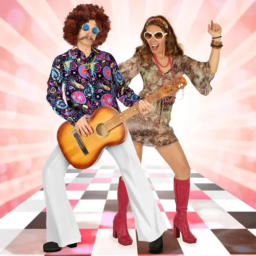 Vista 5 de Eurzom Conjunto de disfraz de discoteca que incluye camisa brillante con pantalón para hombre, peluca afro, collar, lentes de sol para fiesta